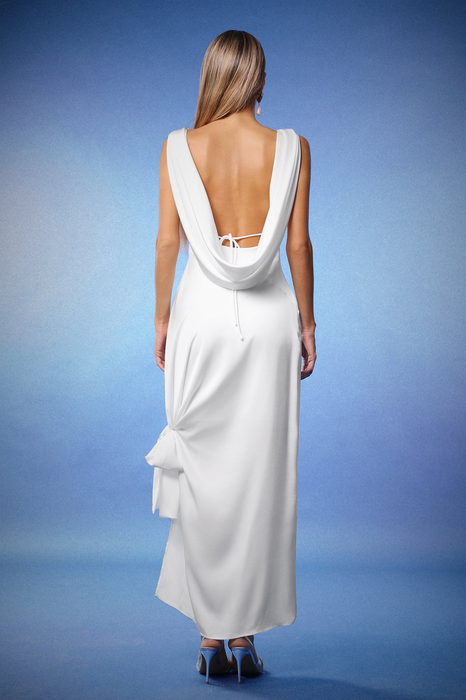 Assuntina White Formal Dress Cowl Neck Sleeveless Side Knot Fishtail Hem Elegant
