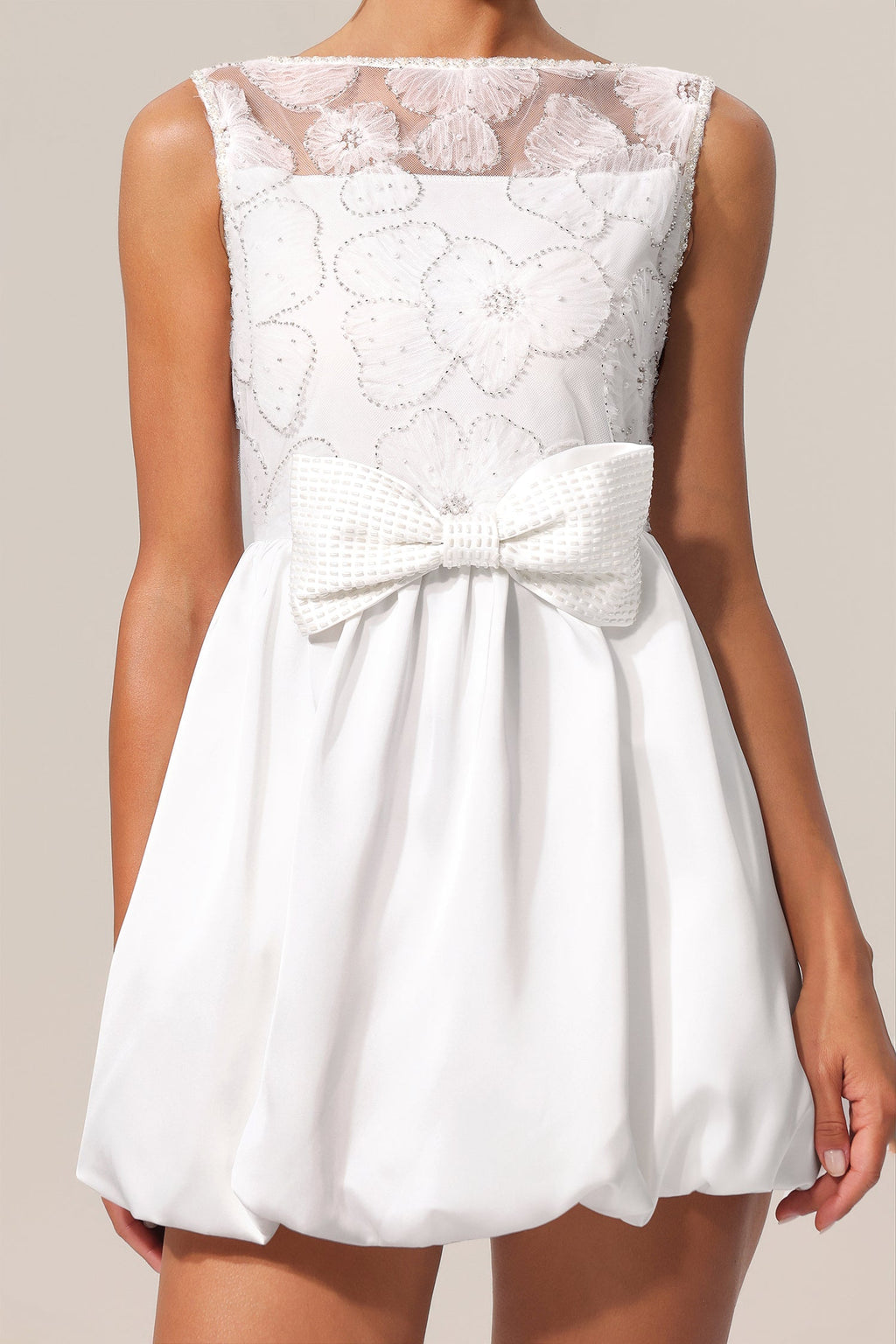 Assuntina White Lace Embroidered Flowers Sleeveless Dress with Bowknot Detailing