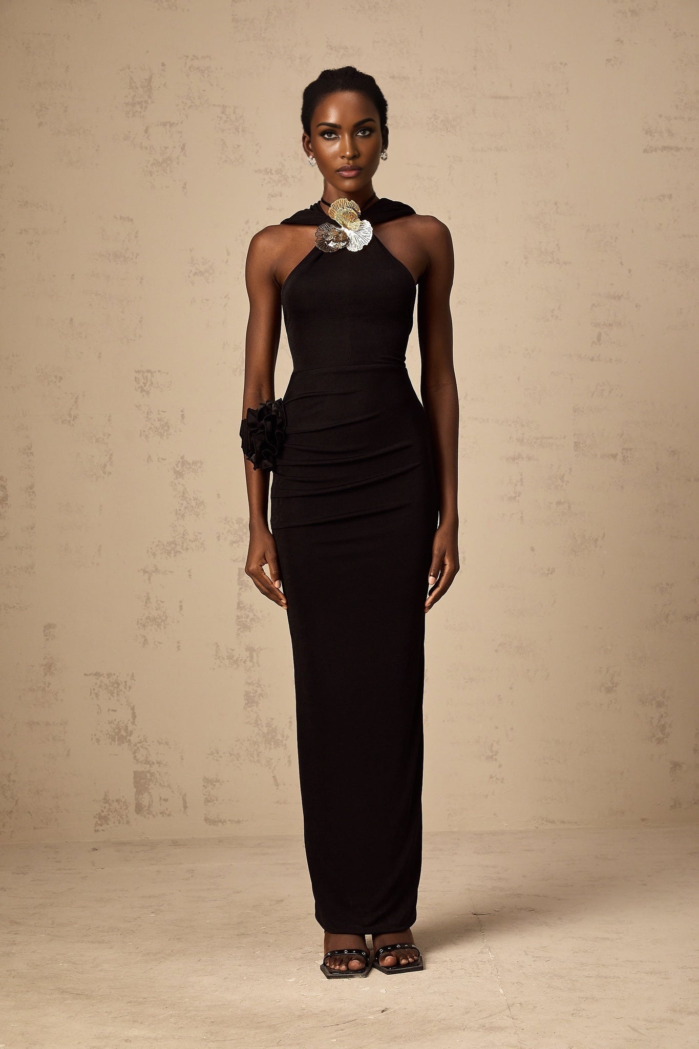 Aubree Floral Maxi Dress - Halterneck Style - Sleeveless Design - Slouchy Hood Feature - Ruched Detailing