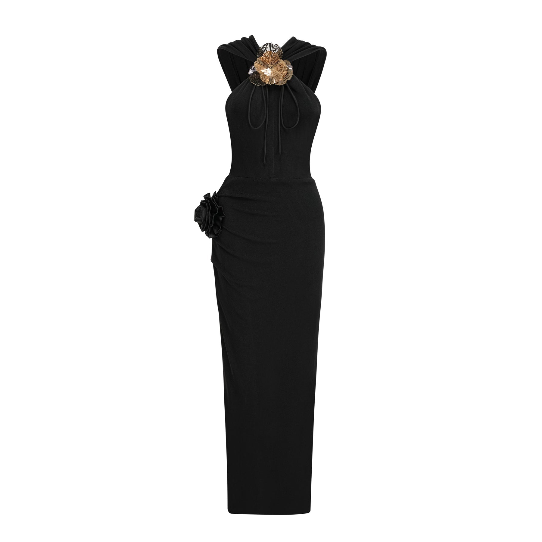 Aubree Floral Maxi Dress - Halterneck Style - Sleeveless Design - Slouchy Hood Feature - Ruched Detailing