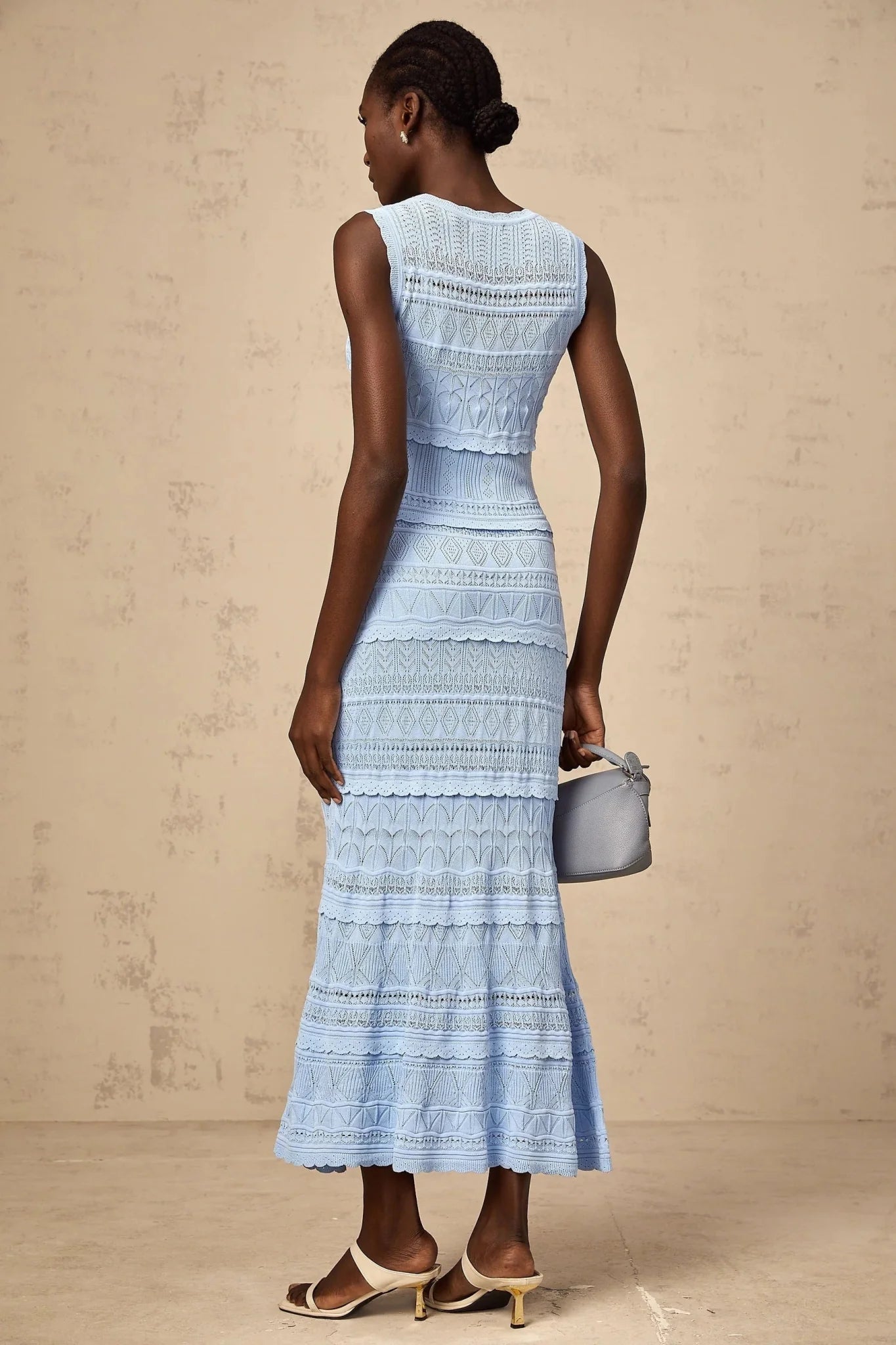 Aubree Midi Dress Blue Crochet - Knit Ruffled Trim