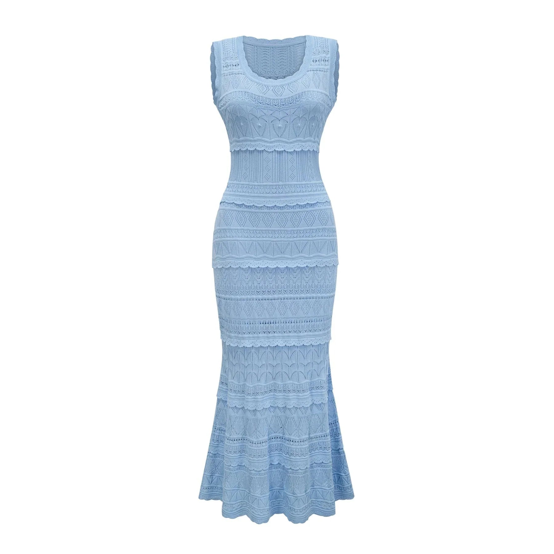 Aubree Midi Dress Blue Crochet - Knit Ruffled Trim