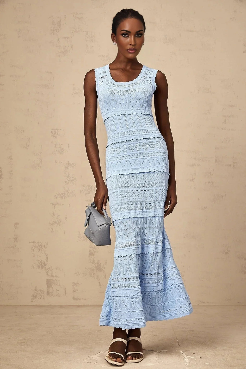 Aubree Midi Dress Blue Crochet - Knit Ruffled Trim