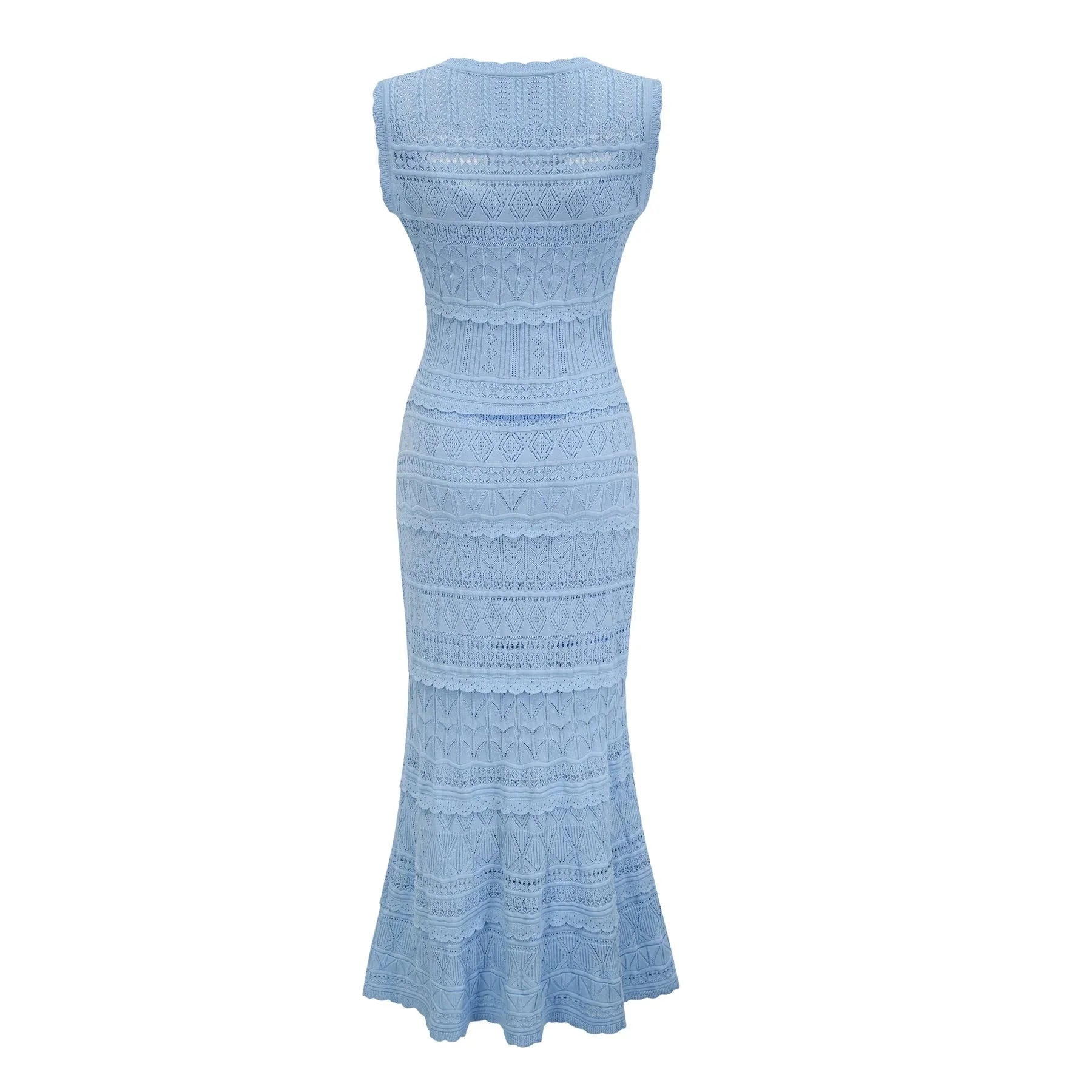 Aubree Midi Dress Blue Crochet - Knit Ruffled Trim