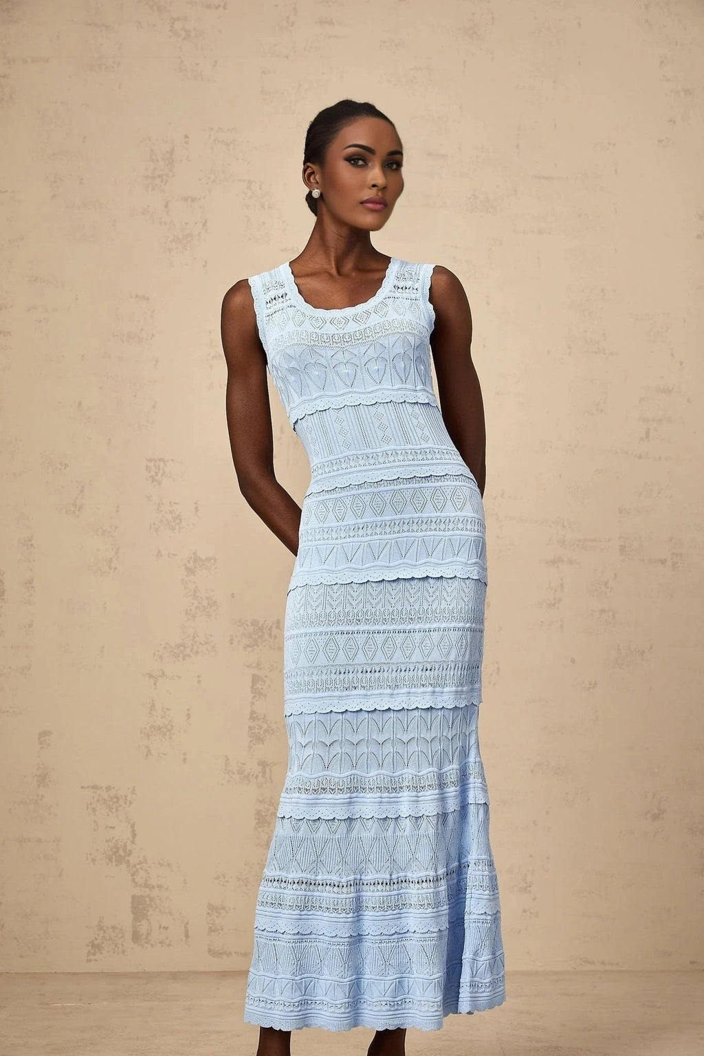 Aubree Midi Dress Blue Crochet - Knit Ruffled Trim