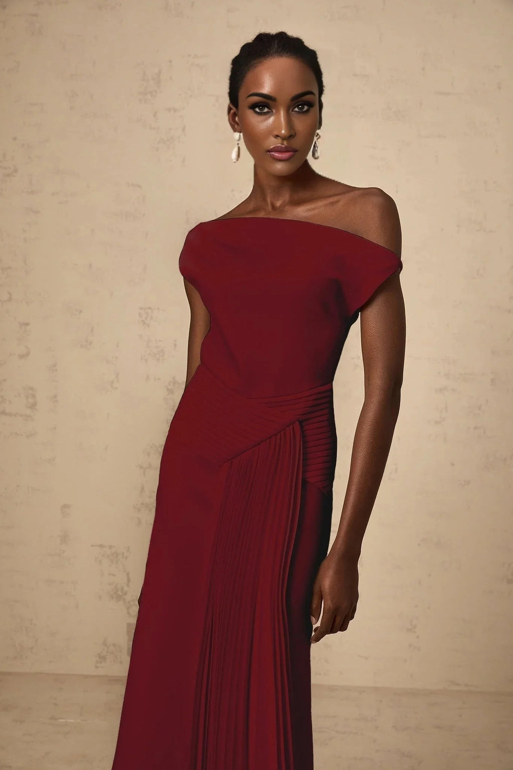 Aubree Midi Dress Red Pleated Draped Calf - Length Zip Fastening
