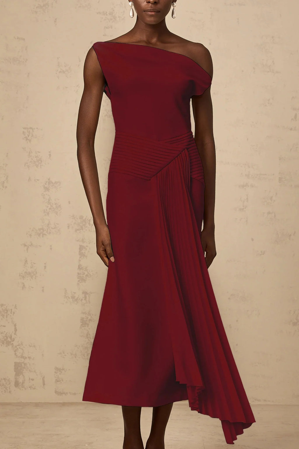 Aubree Midi Dress Red Pleated Draped Calf - Length Zip Fastening