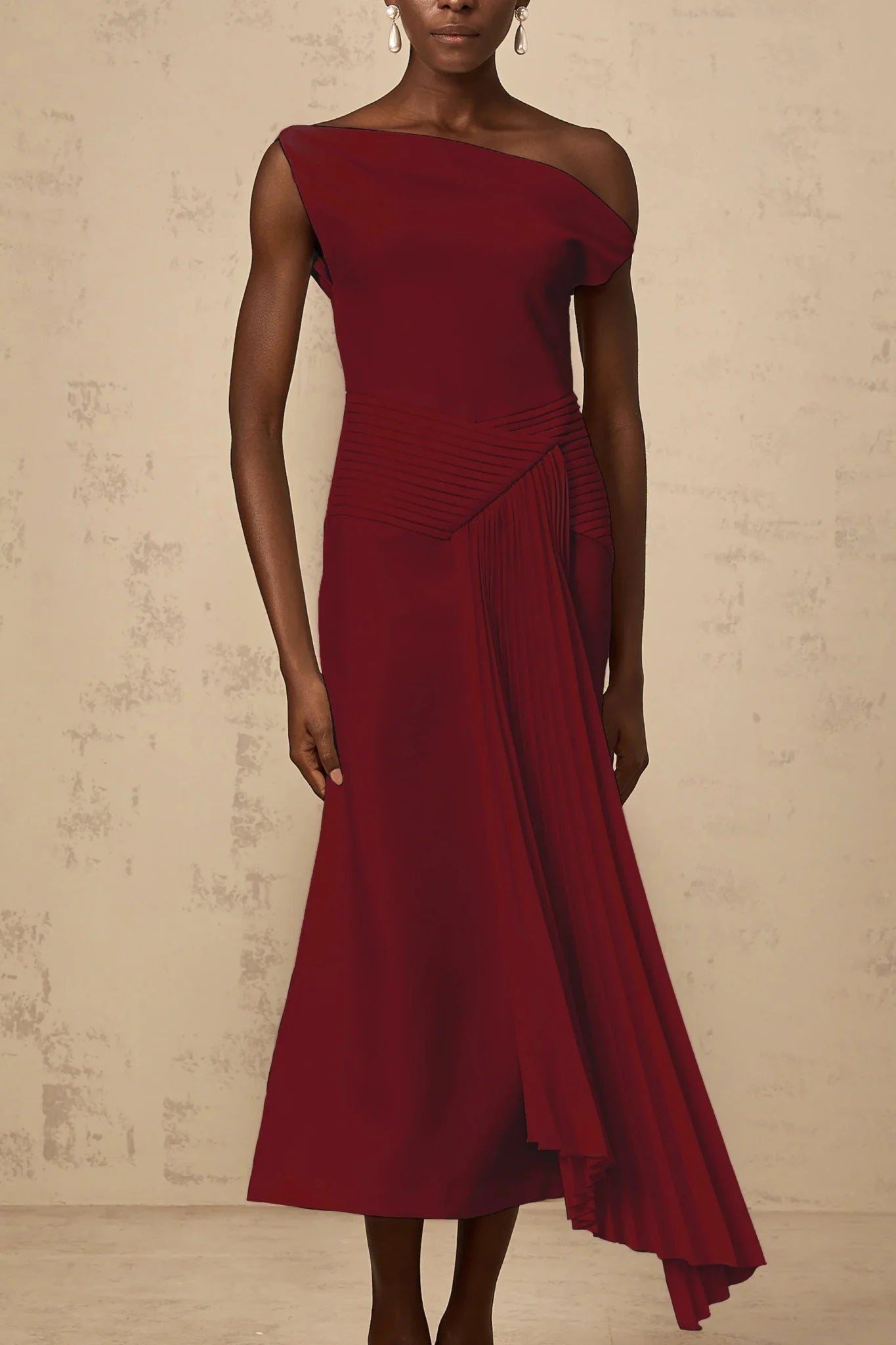 Aubree Midi Dress Red Pleated Draped Calf - Length Zip Fastening
