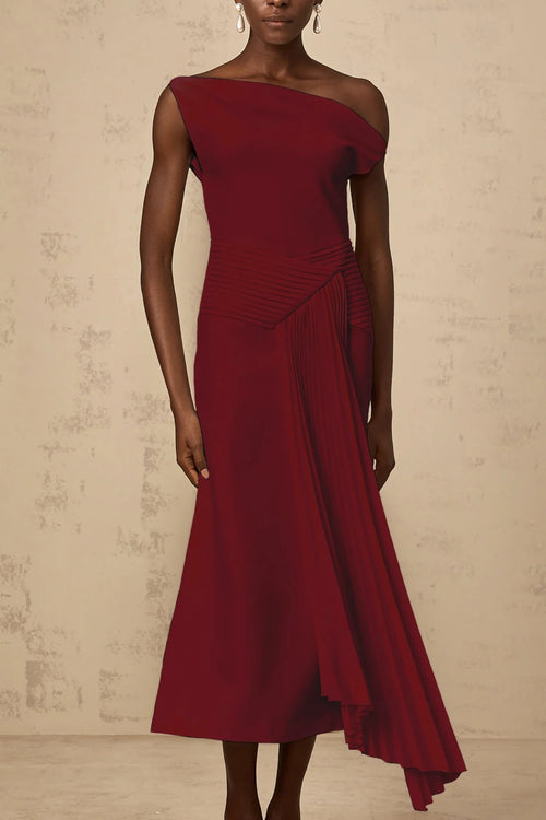 Aubree Midi Dress Red Pleated Draped Calf - Length Zip Fastening