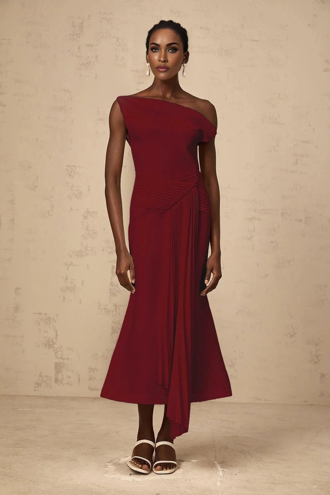 Aubree Midi Dress Red Pleated Draped Calf - Length Zip Fastening