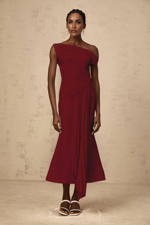 Aubree Midi Dress Red Pleated Draped Calf - Length Zip Fastening
