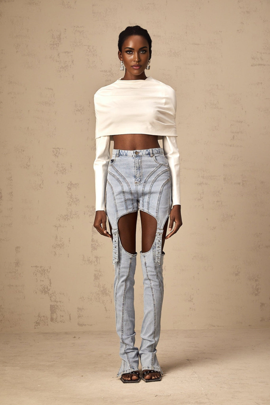 Aubrey Cropped Top - Long Sleeve - Cowl Neck - Off the Shoulder - Ruched Detailing
