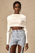 Aubrey Cropped Top - Long Sleeve - Cowl Neck - Off the Shoulder - Ruched Detailing
