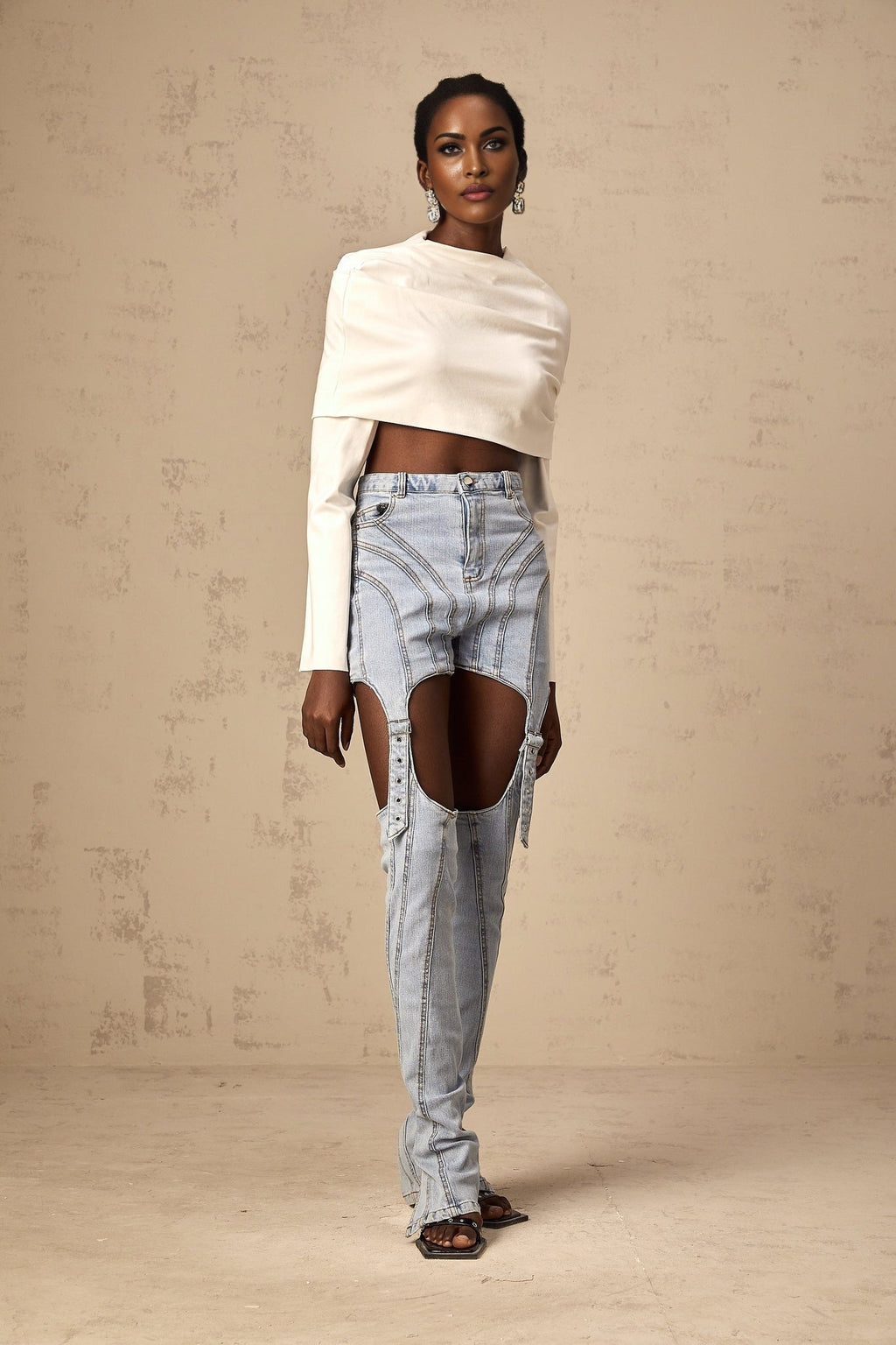 Aubrey Cropped Top - Long Sleeve - Cowl Neck - Off the Shoulder - Ruched Detailing