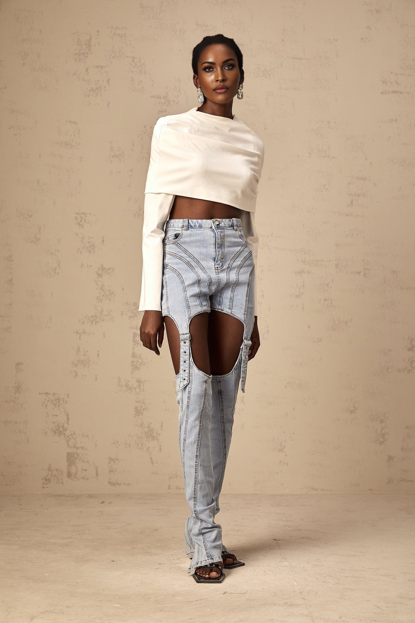 Aubrey Cropped Top - Long Sleeve - Cowl Neck - Off the Shoulder - Ruched Detailing