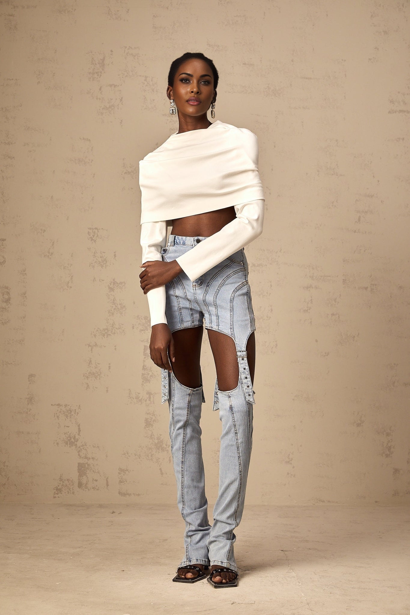 Aubrey Cropped Top - Long Sleeve - Cowl Neck - Off the Shoulder - Ruched Detailing