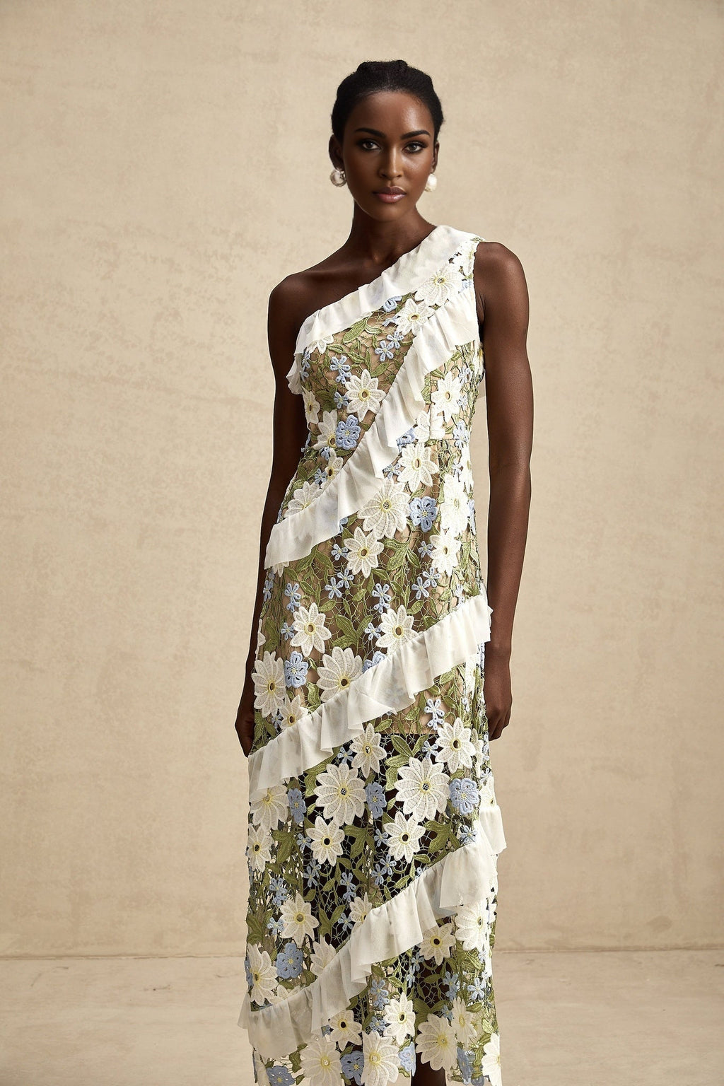 Aubrey Floral Midi Dress - Single Shoulder Design - Guipure Lace Accents - Floral Embroidery - Ruffle Detail