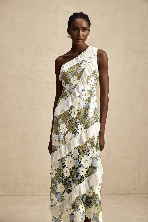 Aubrey Floral Midi Dress - Single Shoulder Design - Guipure Lace Accents - Floral Embroidery - Ruffle Detail