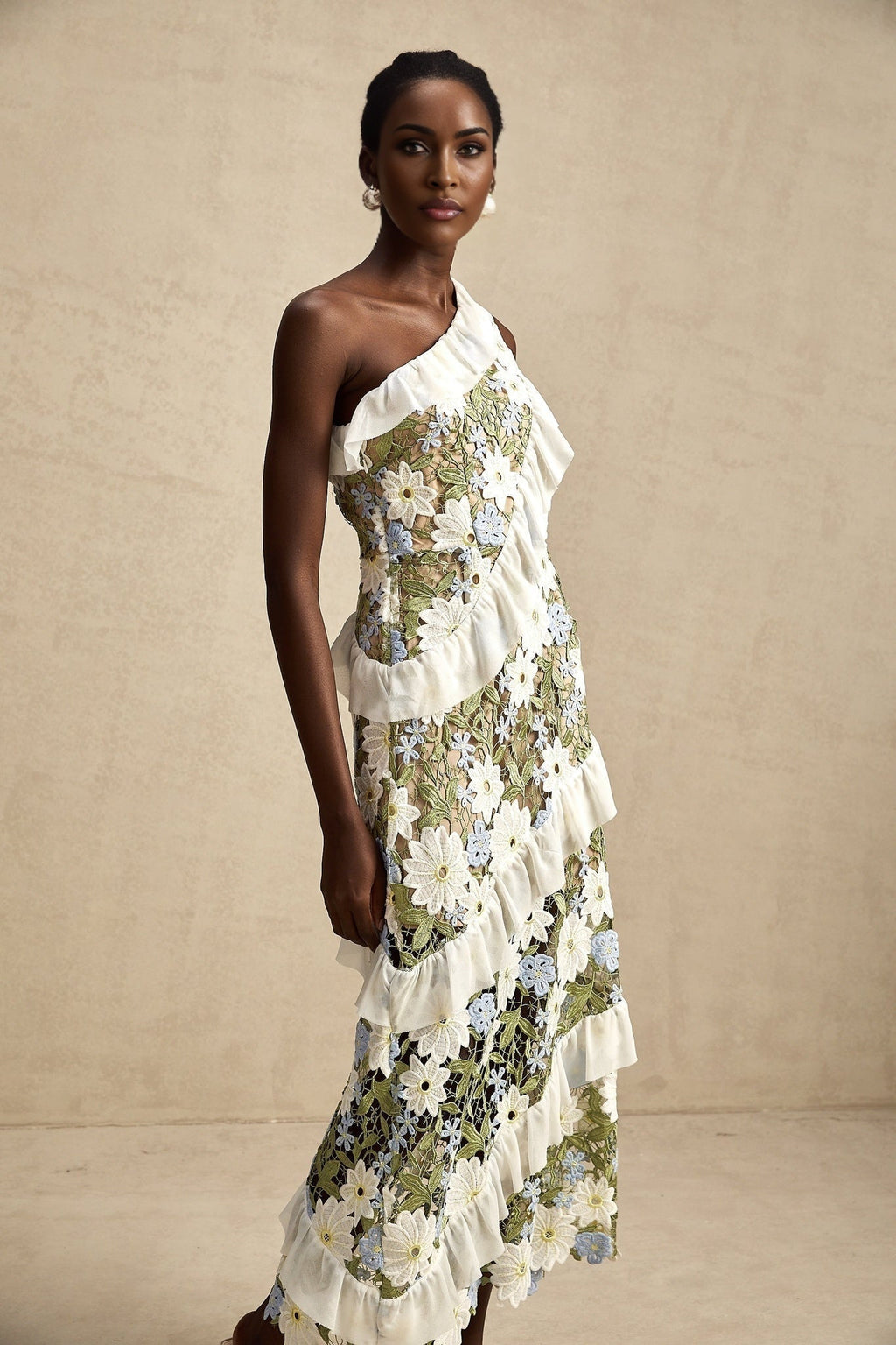 Aubrey Floral Midi Dress - Single Shoulder Design - Guipure Lace Accents - Floral Embroidery - Ruffle Detail