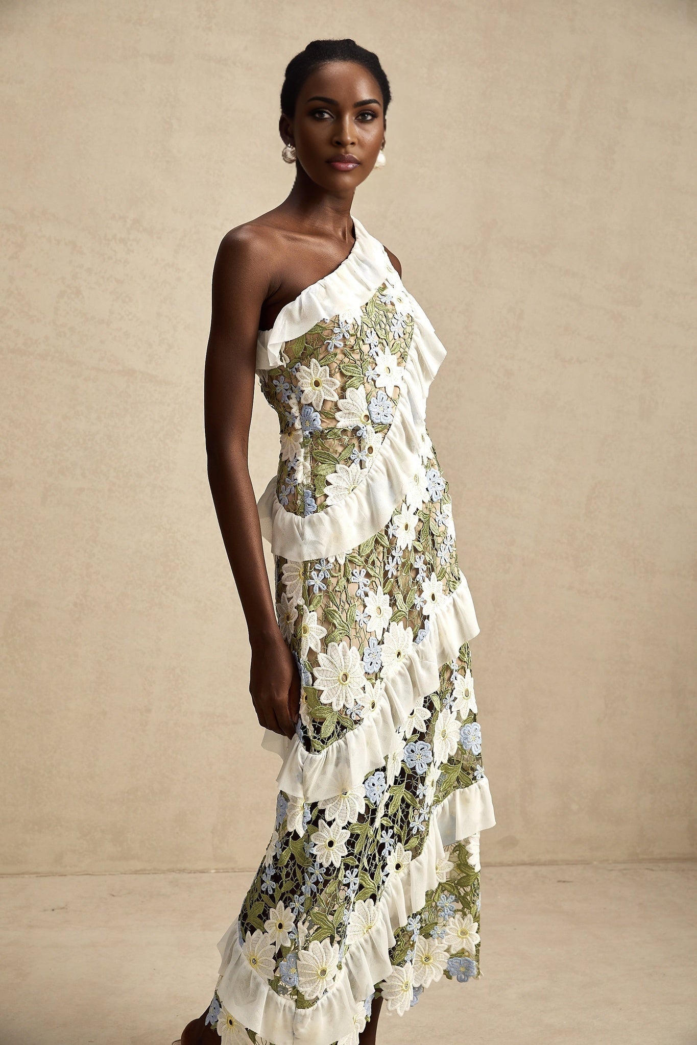 Aubrey Floral Midi Dress - Single Shoulder Design - Guipure Lace Accents - Floral Embroidery - Ruffle Detail