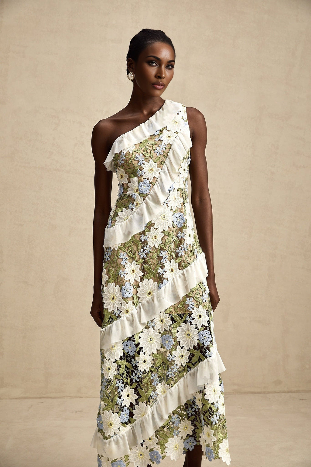 Aubrey Floral Midi Dress - Single Shoulder Design - Guipure Lace Accents - Floral Embroidery - Ruffle Detail