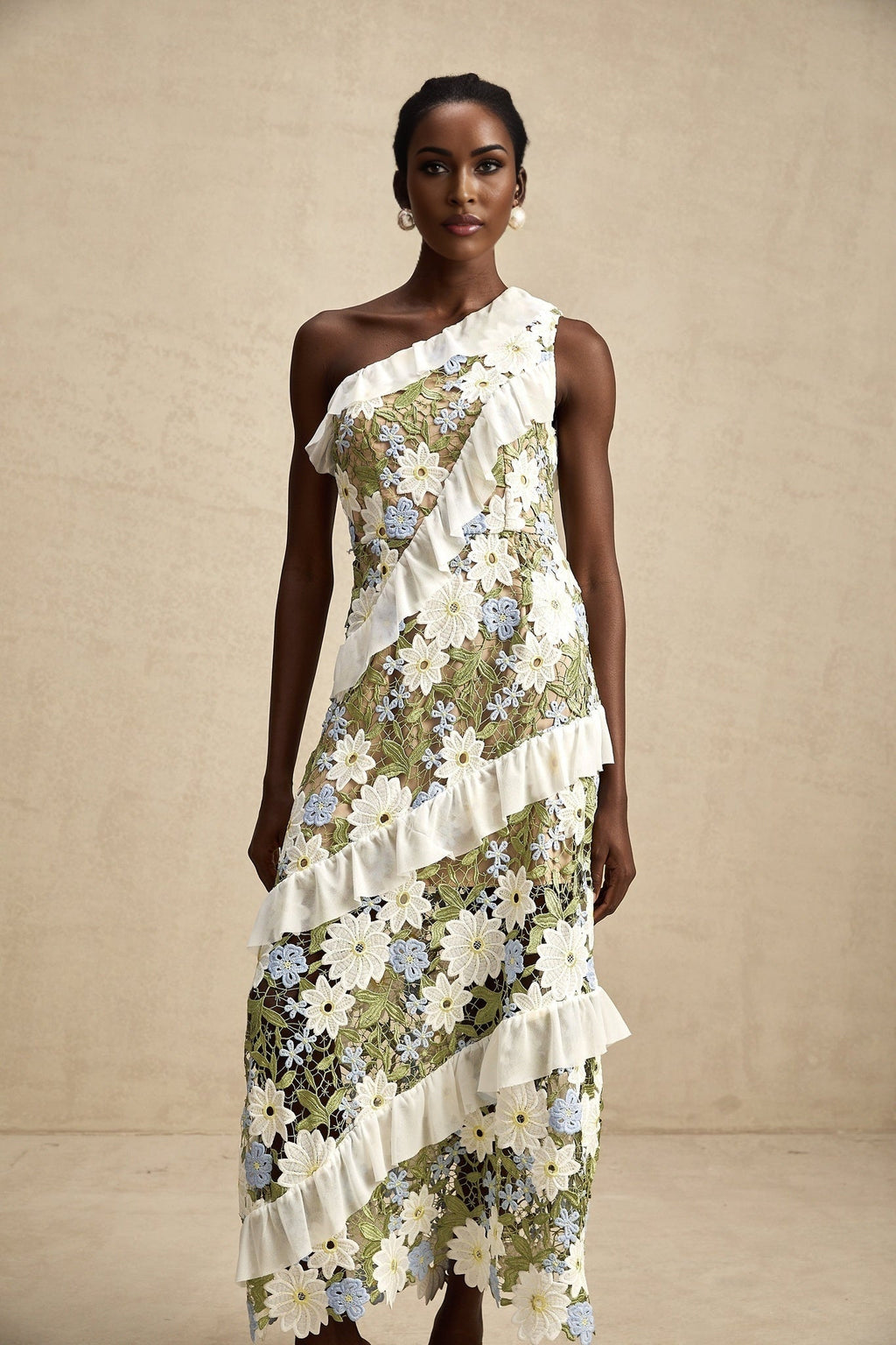 Aubrey Floral Midi Dress - Single Shoulder Design - Guipure Lace Accents - Floral Embroidery - Ruffle Detail