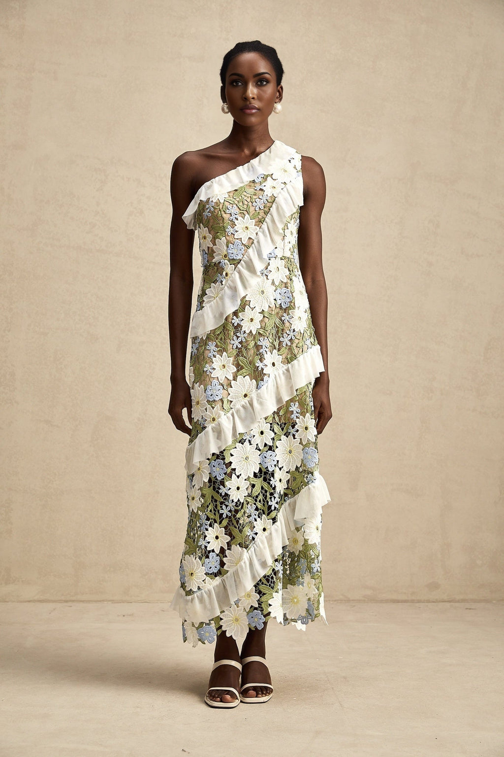 Aubrey Floral Midi Dress - Single Shoulder Design - Guipure Lace Accents - Floral Embroidery - Ruffle Detail