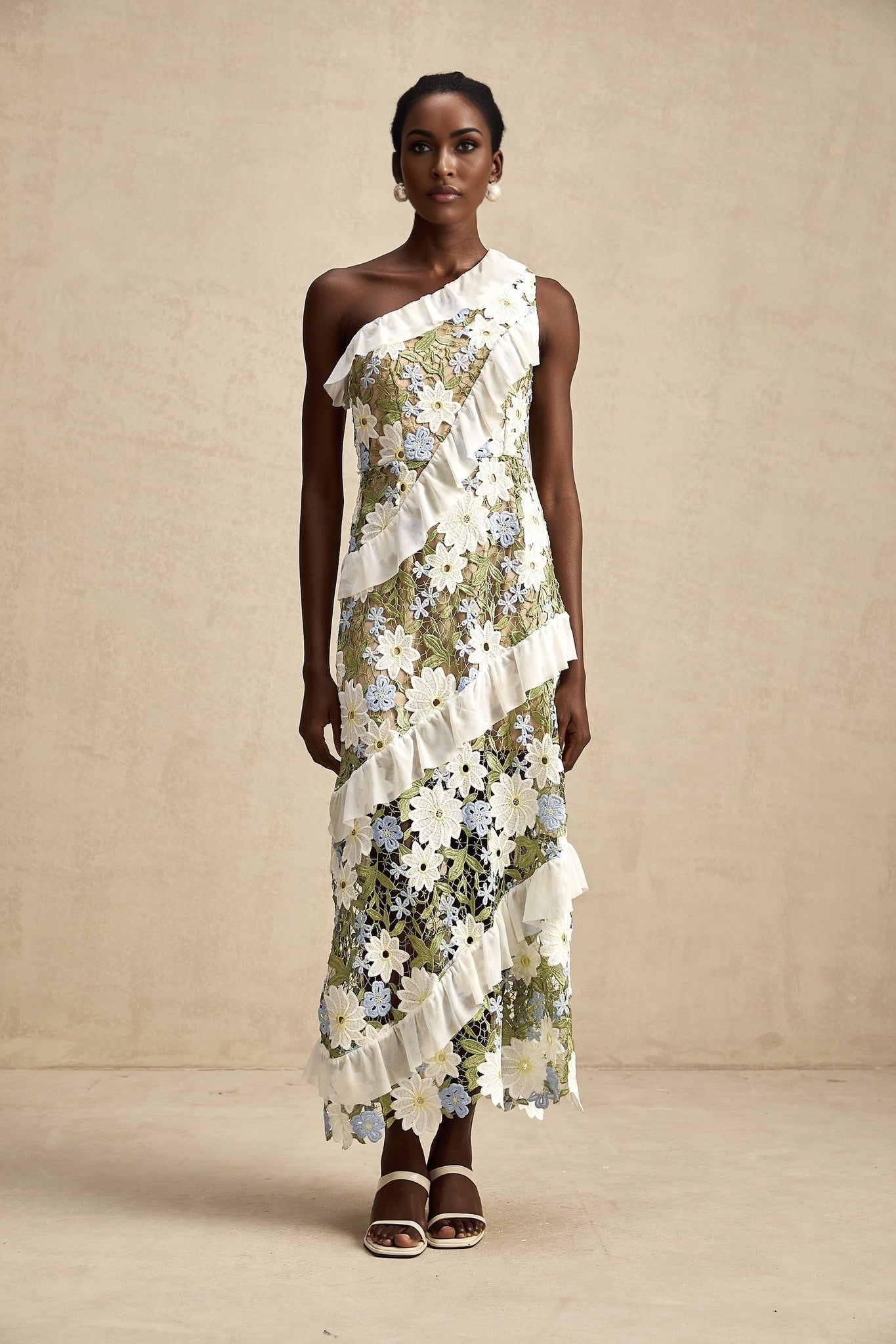Aubrey Floral Midi Dress - Single Shoulder Design - Guipure Lace Accents - Floral Embroidery - Ruffle Detail