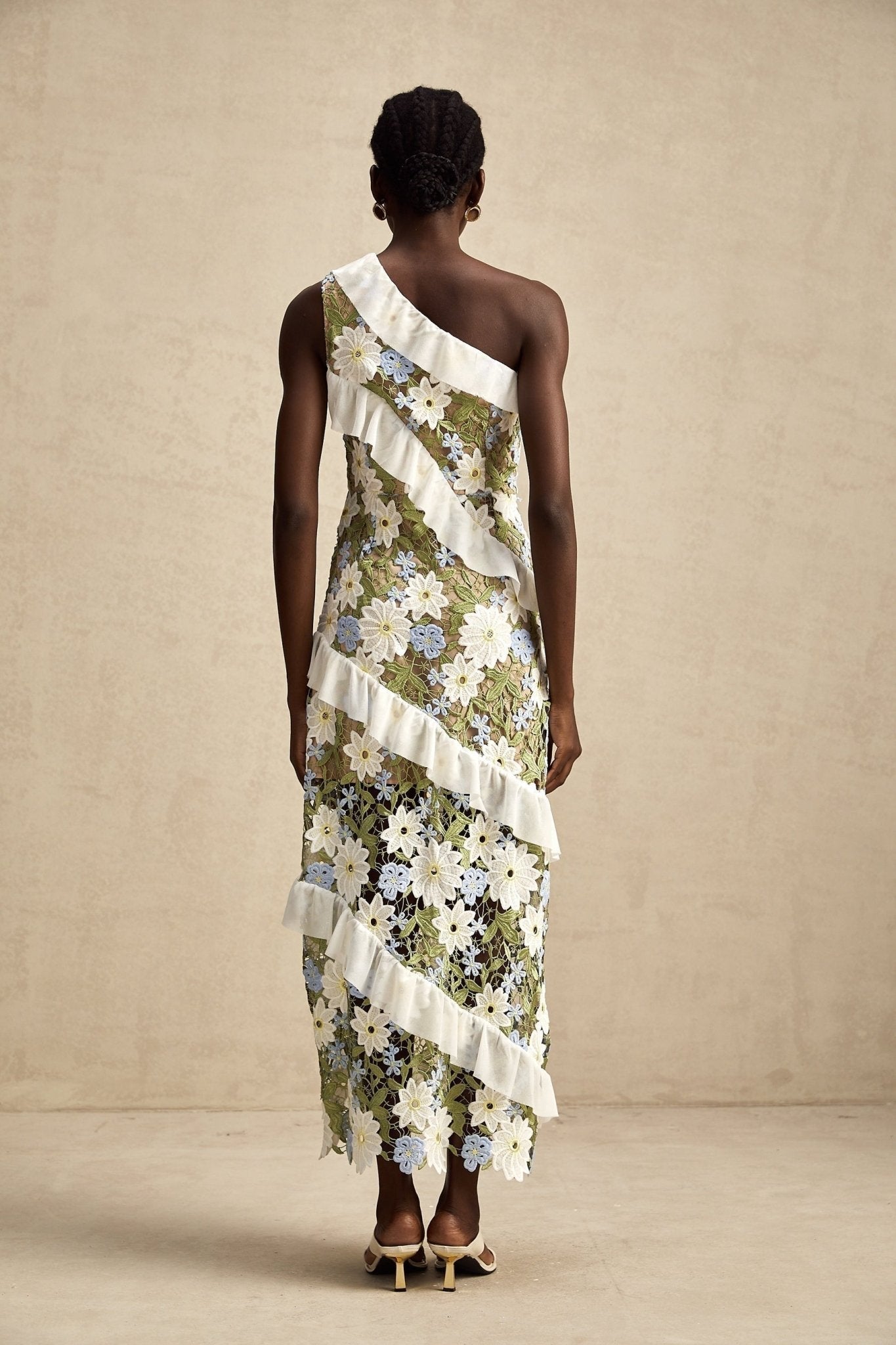 Aubrey Floral Midi Dress - Single Shoulder Design - Guipure Lace Accents - Floral Embroidery - Ruffle Detail