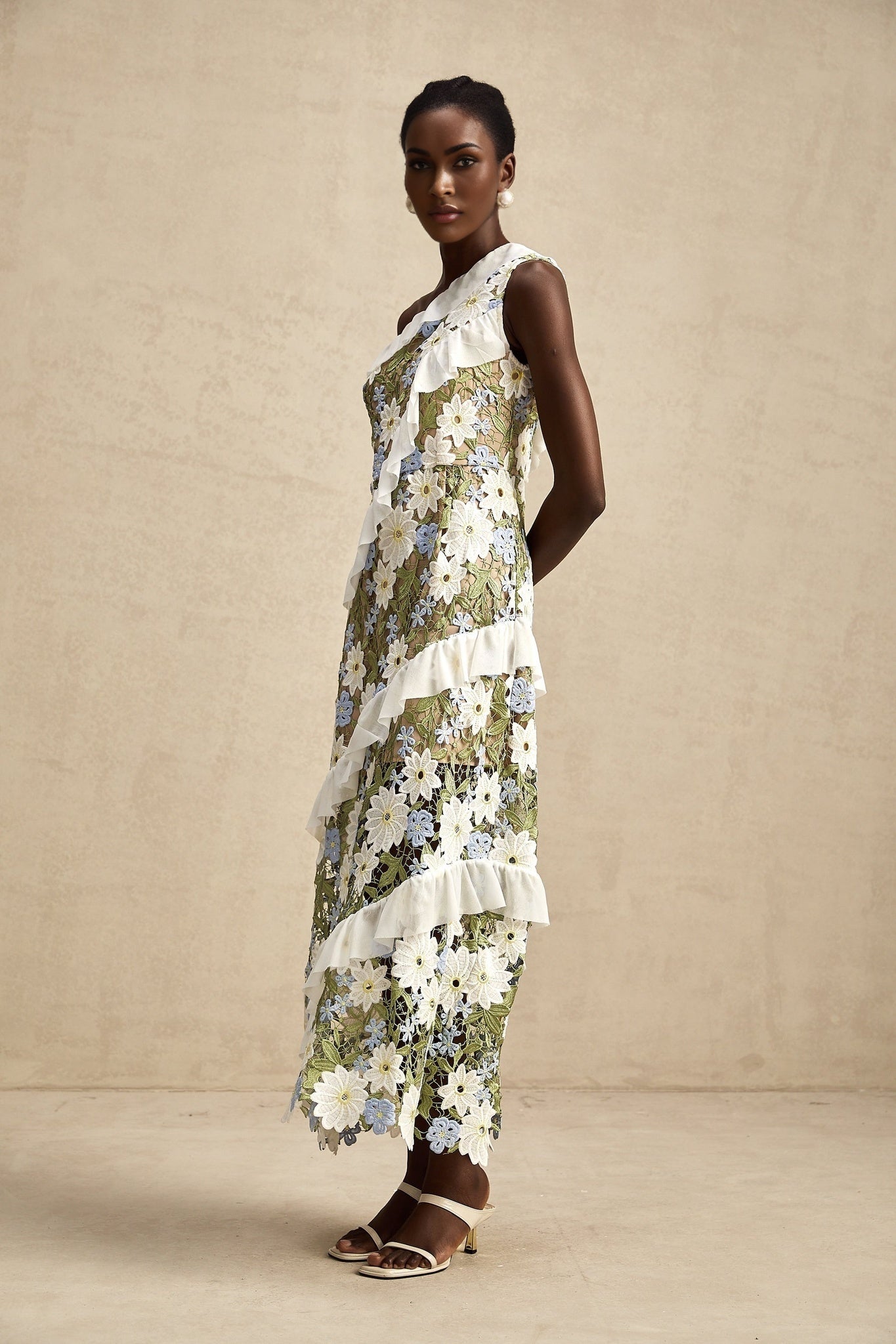 Aubrey Floral Midi Dress - Single Shoulder Design - Guipure Lace Accents - Floral Embroidery - Ruffle Detail