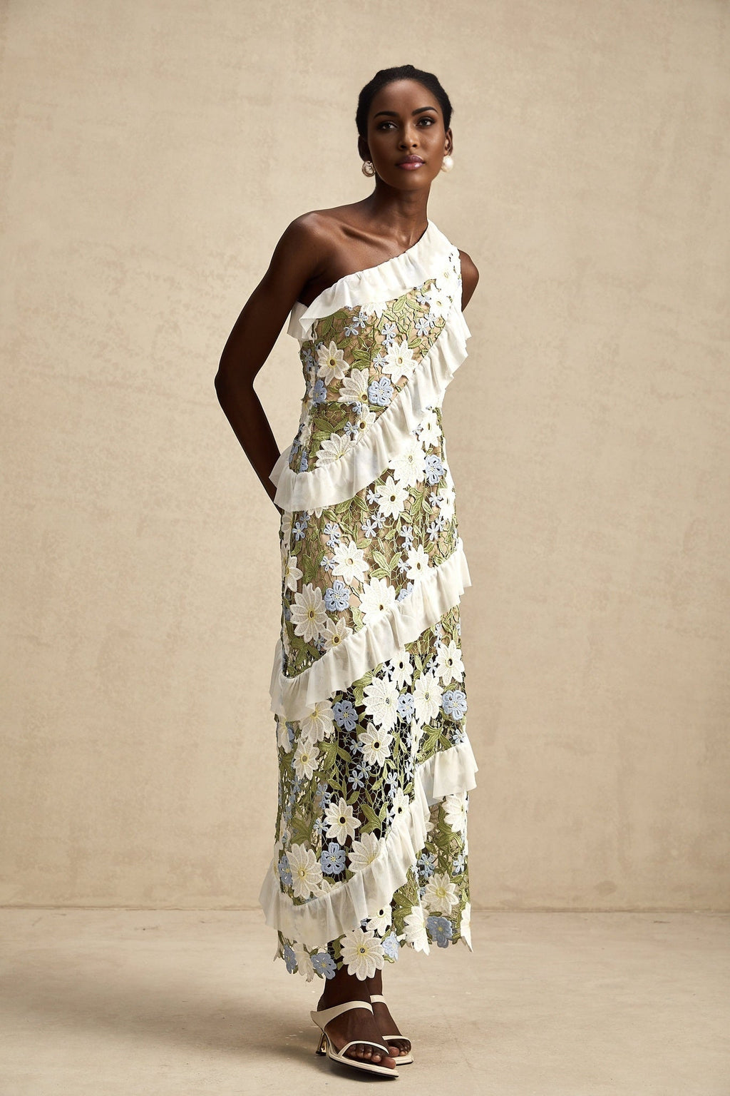 Aubrey Floral Midi Dress - Single Shoulder Design - Guipure Lace Accents - Floral Embroidery - Ruffle Detail