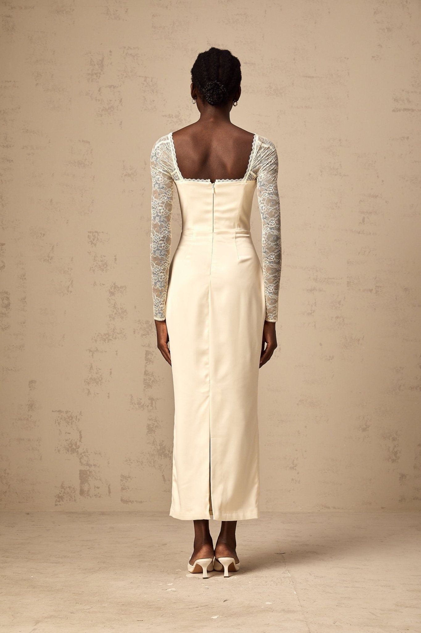 Aubrey Midi Dress - Satin Finish - Lace Panelling - Long Sleeves - Sweetheart Neck