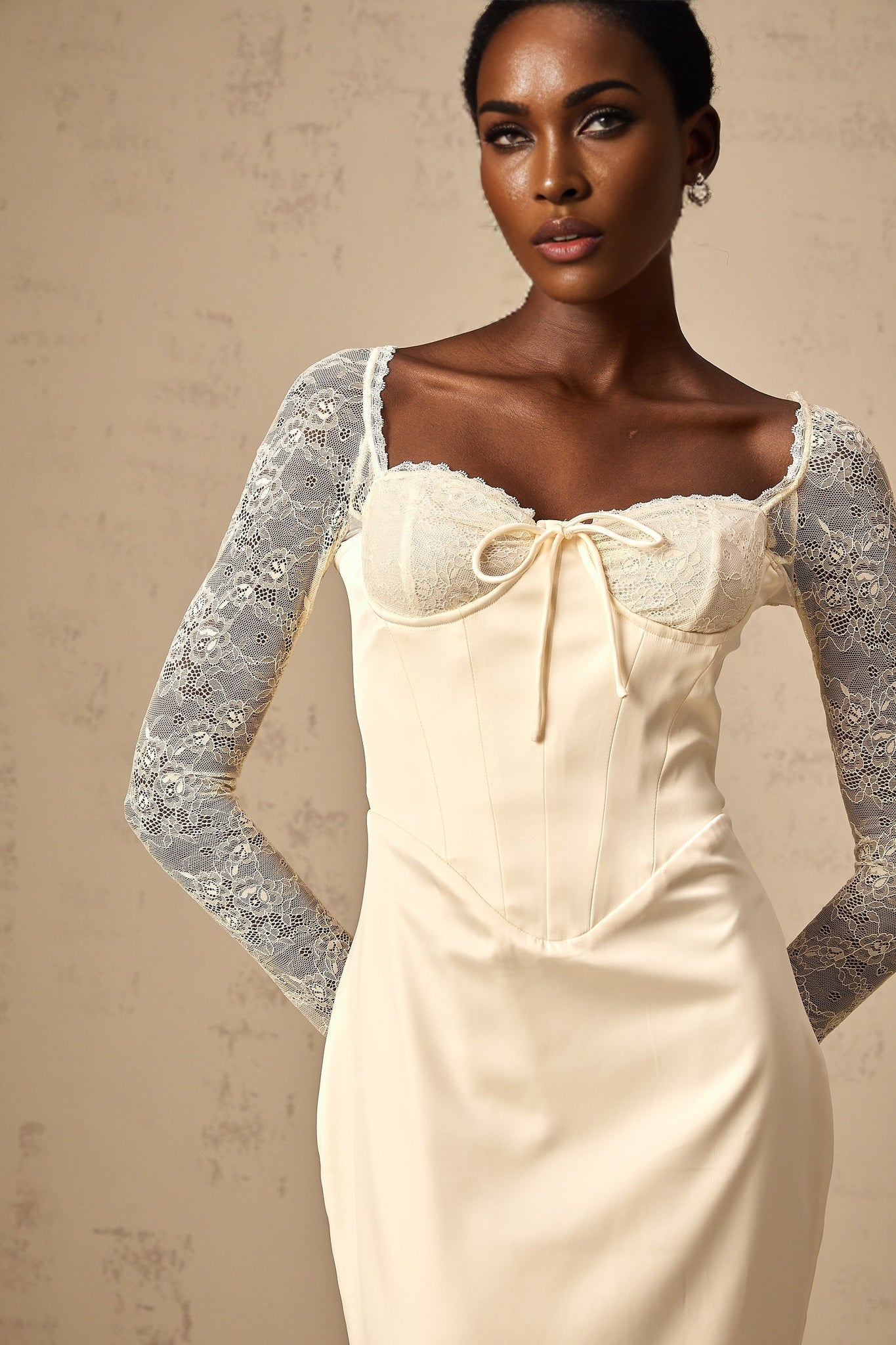 Aubrey Midi Dress - Satin Finish - Lace Panelling - Long Sleeves - Sweetheart Neck