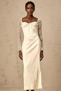 Aubrey Midi Dress - Satin Finish - Lace Panelling - Long Sleeves - Sweetheart Neck
