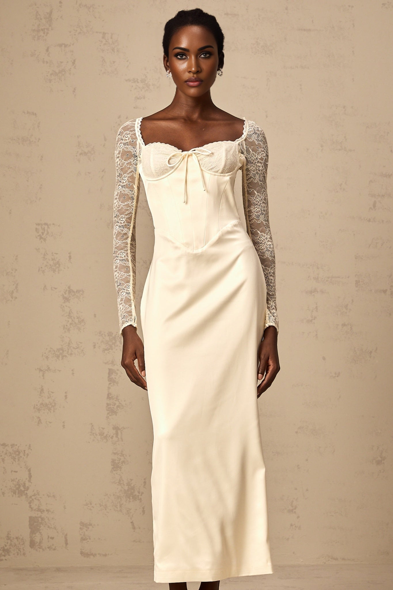 Aubrey Midi Dress - Satin Finish - Lace Panelling - Long Sleeves - Sweetheart Neck
