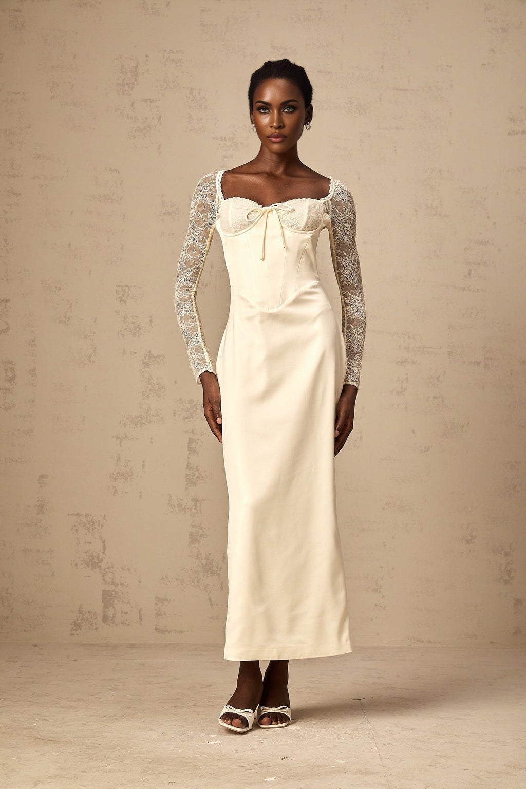 Aubrey Midi Dress - Satin Finish - Lace Panelling - Long Sleeves - Sweetheart Neck
