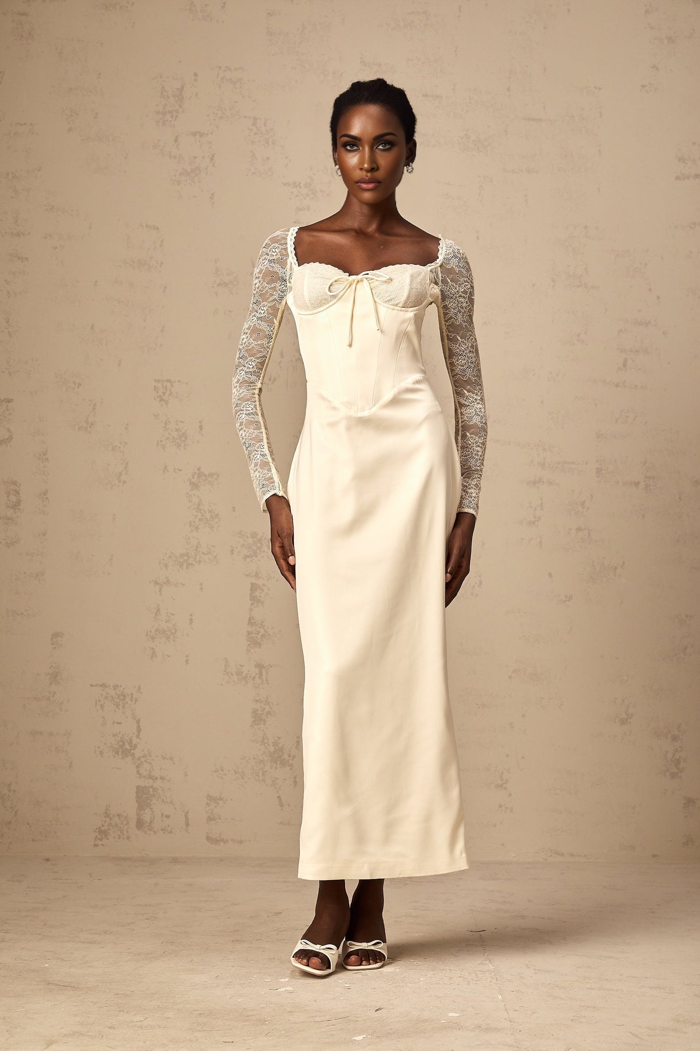 Aubrey Midi Dress - Satin Finish - Lace Panelling - Long Sleeves - Sweetheart Neck