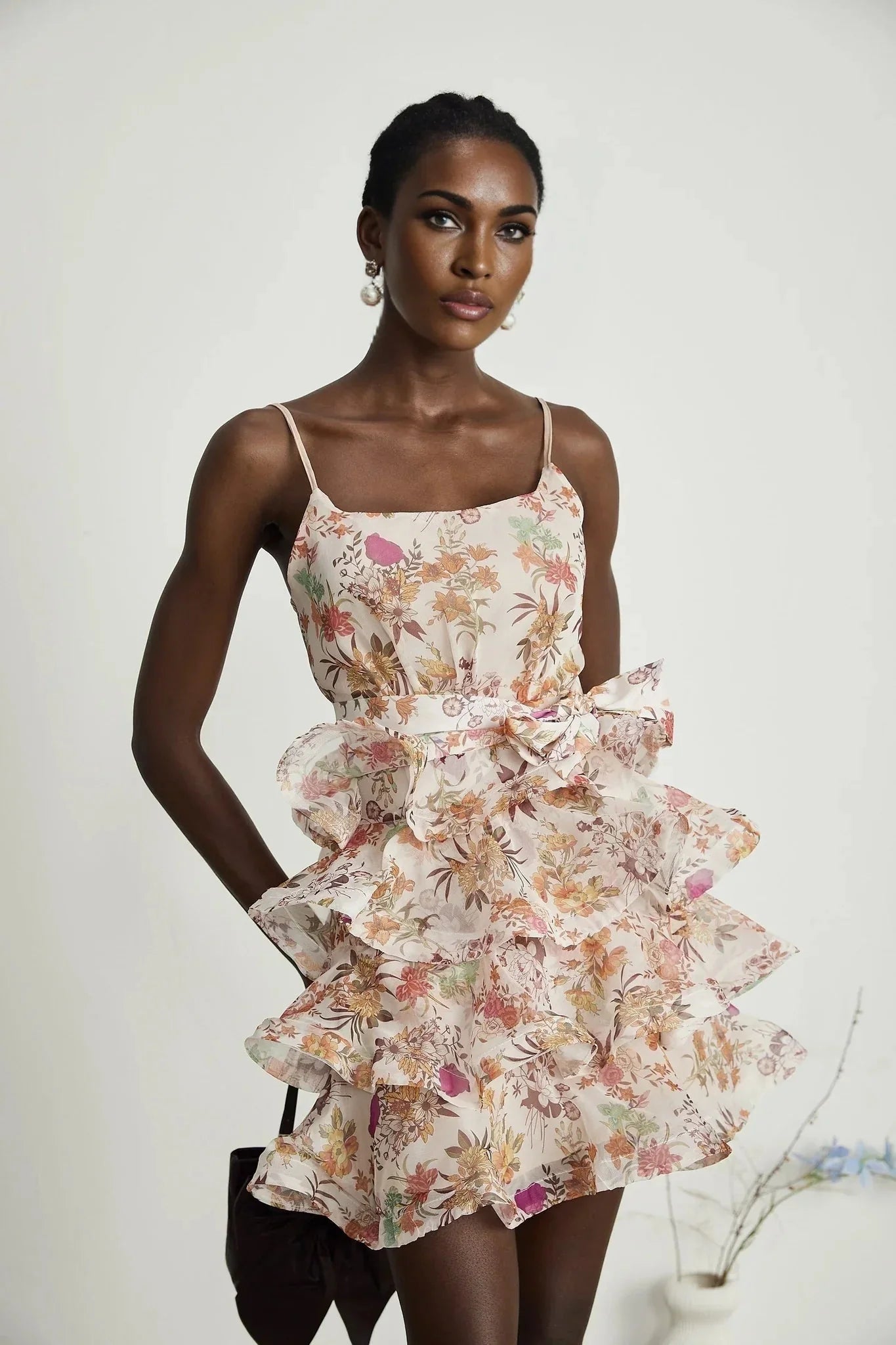 Aubrey Mini Dress - Square Neck Floral Ruffled Trim Belted Flounce Hem