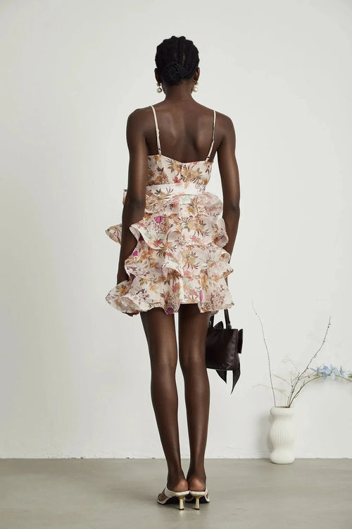 Aubrey Mini Dress - Square Neck Floral Ruffled Trim Belted Flounce Hem