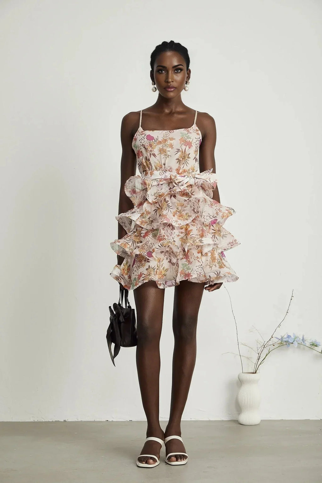 Aubrey Mini Dress - Square Neck Floral Ruffled Trim Belted Flounce Hem