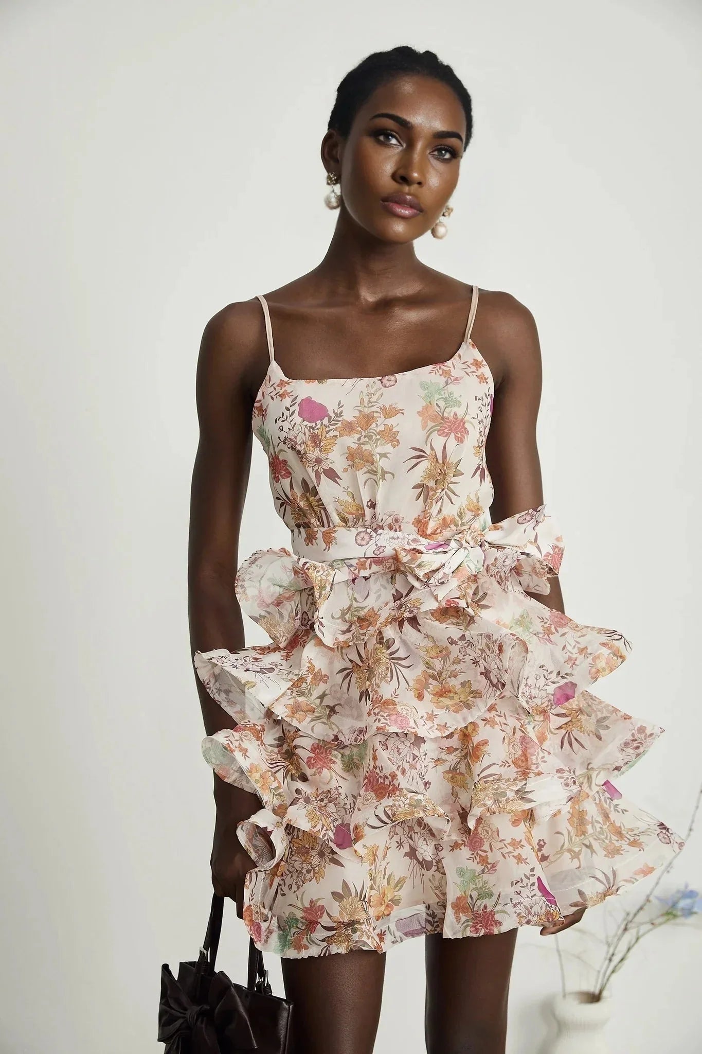 Aubrey Mini Dress - Square Neck Floral Ruffled Trim Belted Flounce Hem