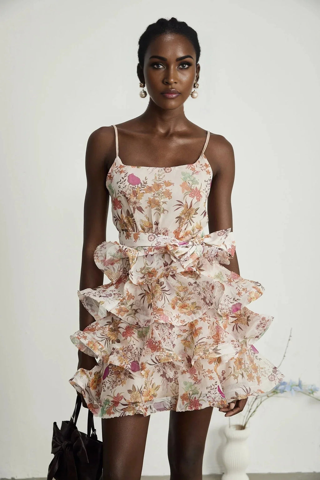 Aubrey Mini Dress - Square Neck Floral Ruffled Trim Belted Flounce Hem
