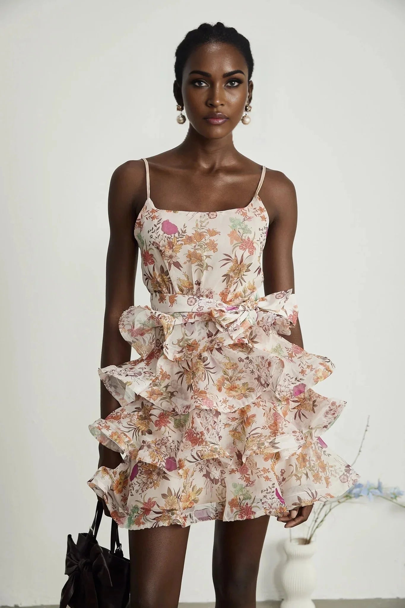 Aubrey Mini Dress - Square Neck Floral Ruffled Trim Belted Flounce Hem