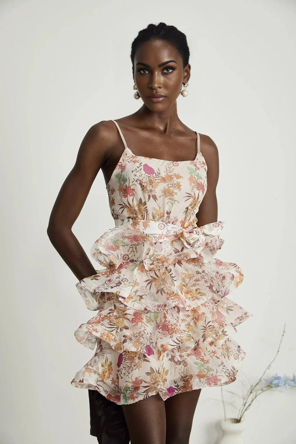 Aubrey Mini Dress - Square Neck Floral Ruffled Trim Belted Flounce Hem