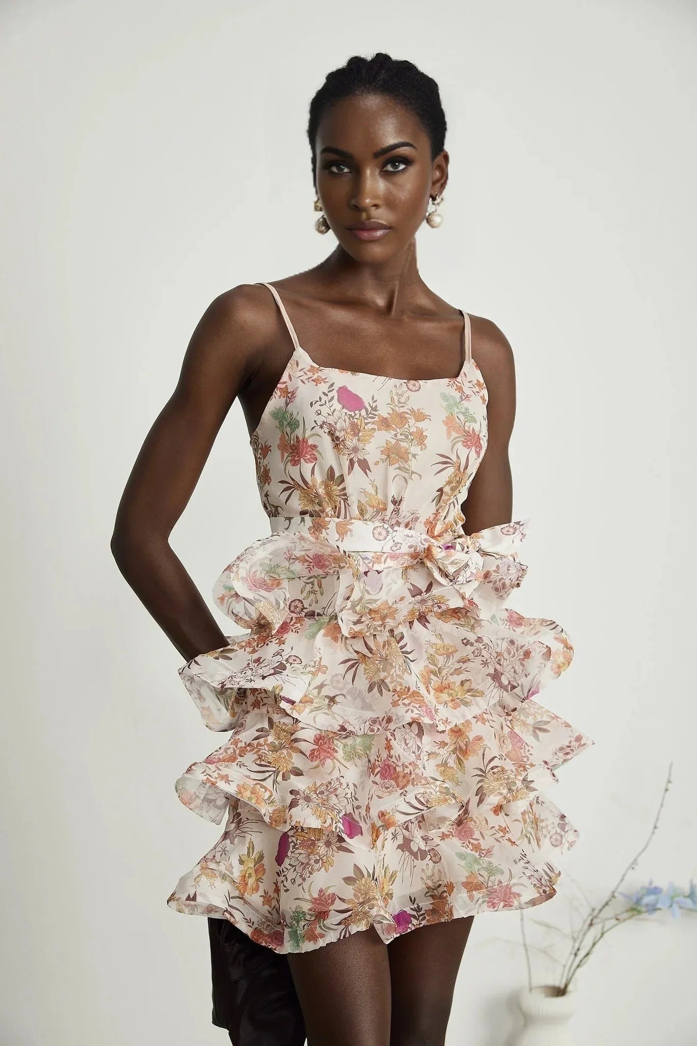 Aubrey Mini Dress - Square Neck Floral Ruffled Trim Belted Flounce Hem