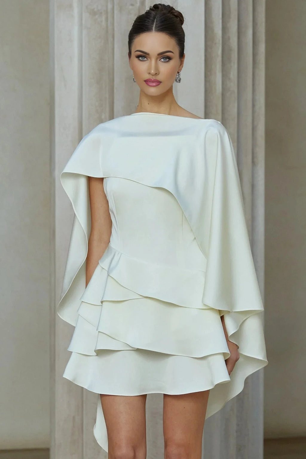Aubrey Mini Dress White Satin Ruffled Shawl Panel Thigh - Length