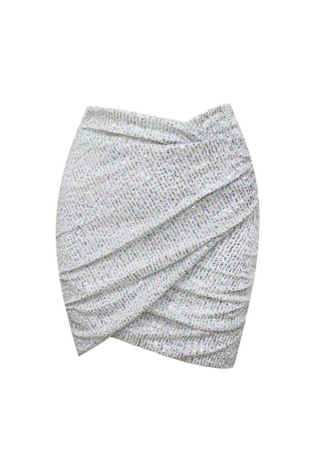 Aubrey Silver Sequin V-Neck Dress with Structured Sleeves for Evening Wear