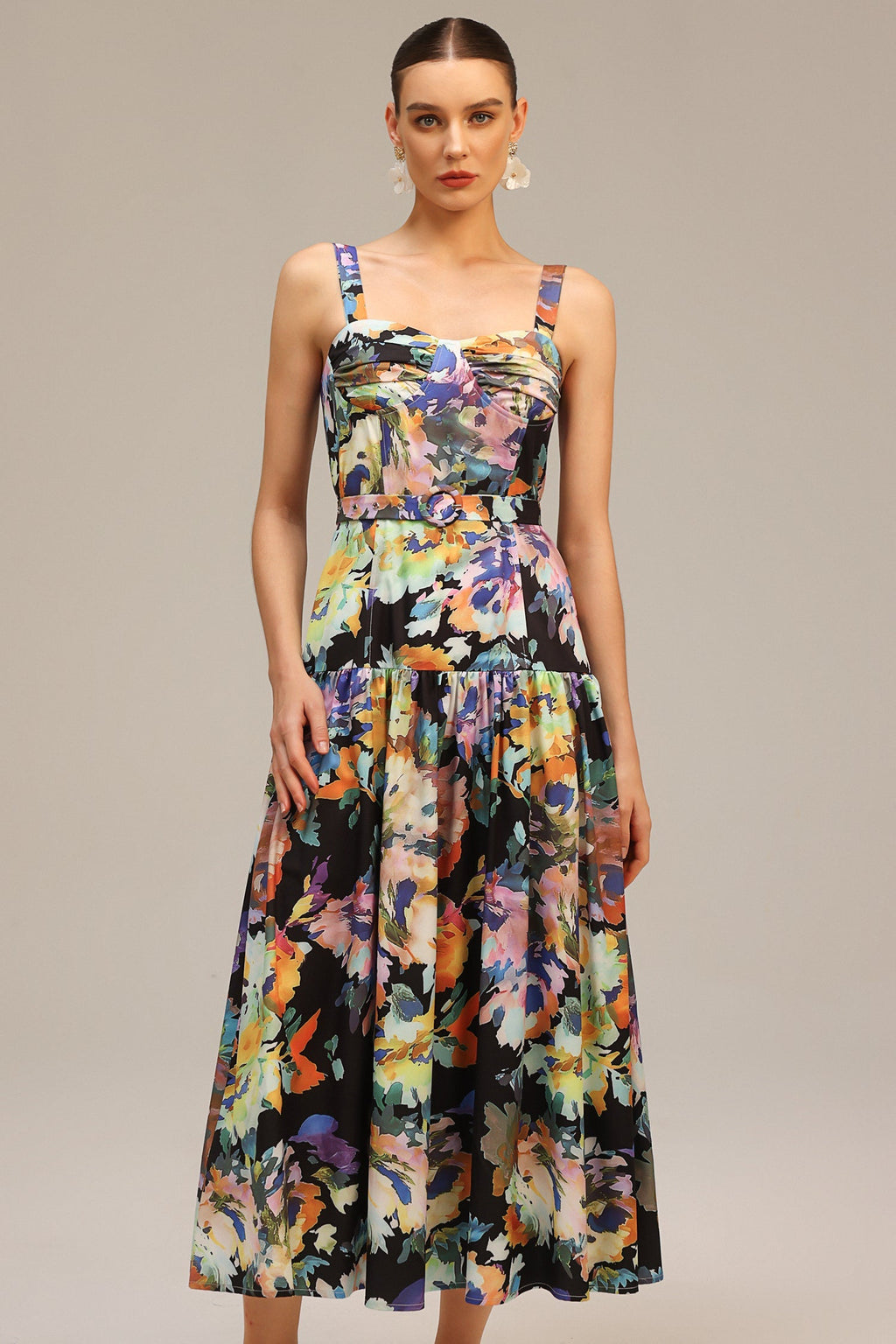 Audrey Black Floral Maxi Dress Halter Neckline Ruched Bust Wedding Garden Party Elegant Fashion Style