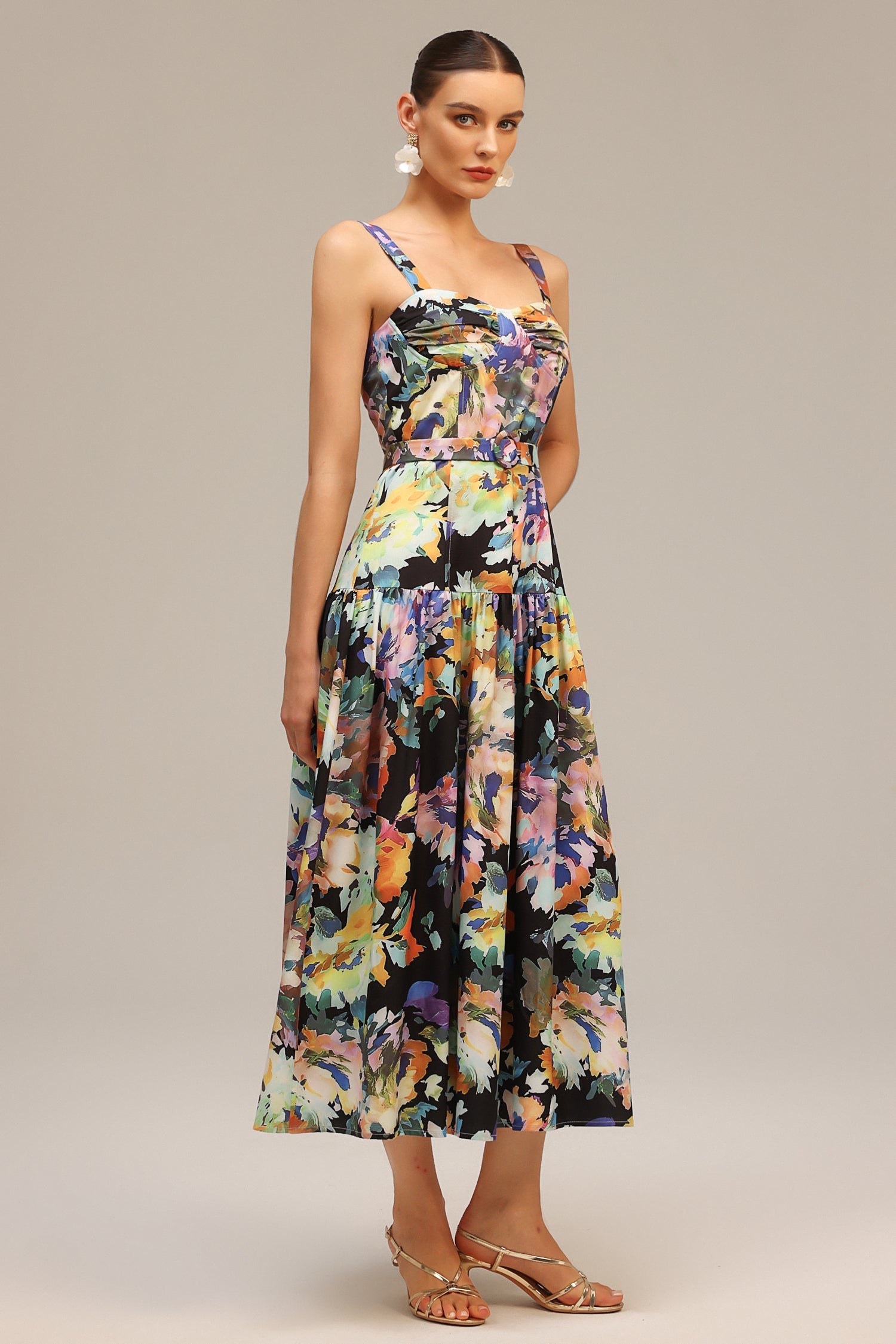Audrey Black Floral Maxi Dress Halter Neckline Ruched Bust Elegant Chic Comfortable Stylish Garden Party Wedding Night Out