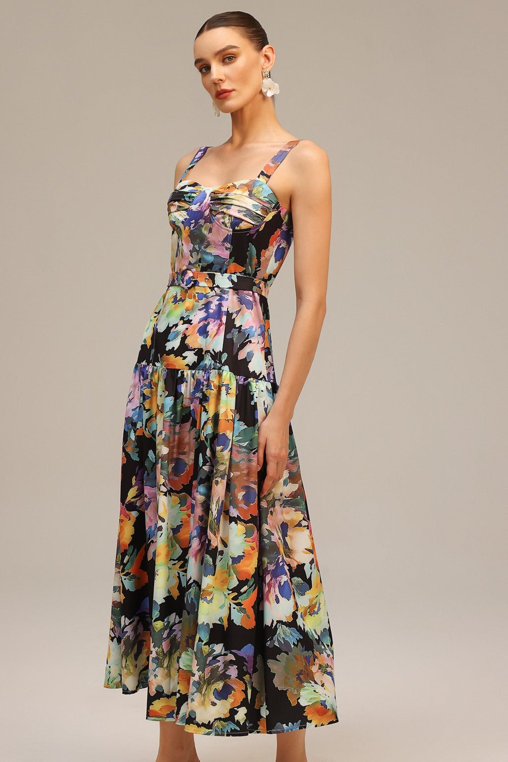 Audrey Black Floral Maxi Dress Halter Neckline Ruched Bust Wedding Garden Party Night Out Elegant Accessories